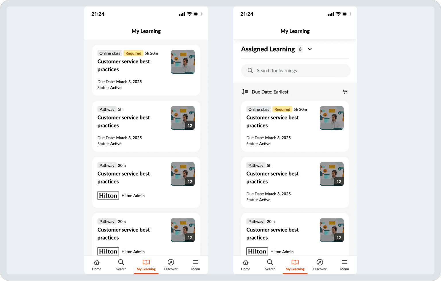 Two mobile screens displaying the Cornerstone Learning interface with lists of courses, the right screen including search and filter options.