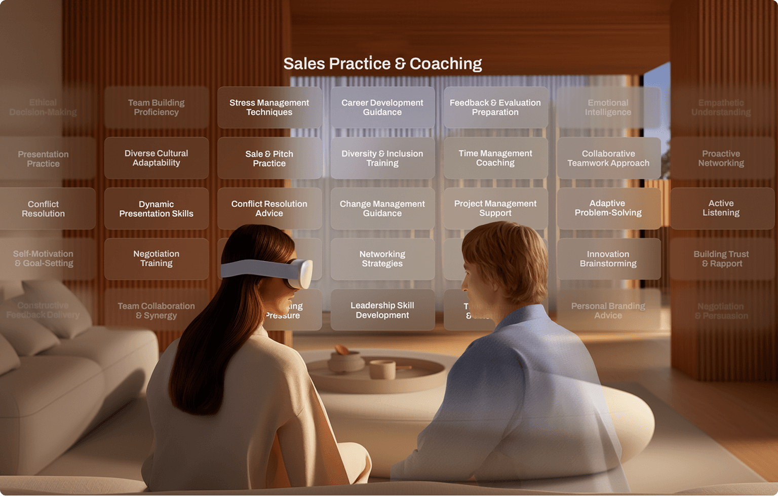 A woman wearing a virtual reality headset sits next to a man.