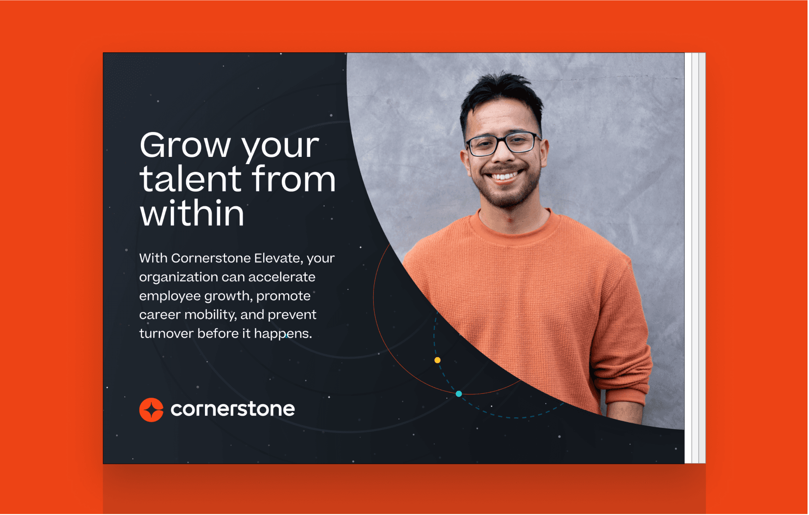 Presentation slide titled "Grow your talent from within," featuring a smiling man in glasses, and text about Cornerstone Elevate for accelerating employee growth.