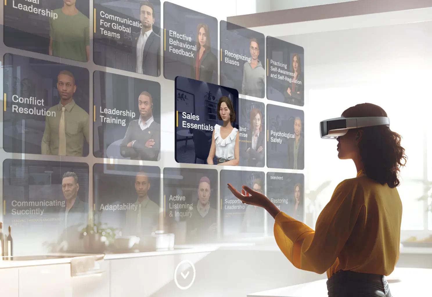 Image of a woman using VR goggles looking at visuals of people and content titles.