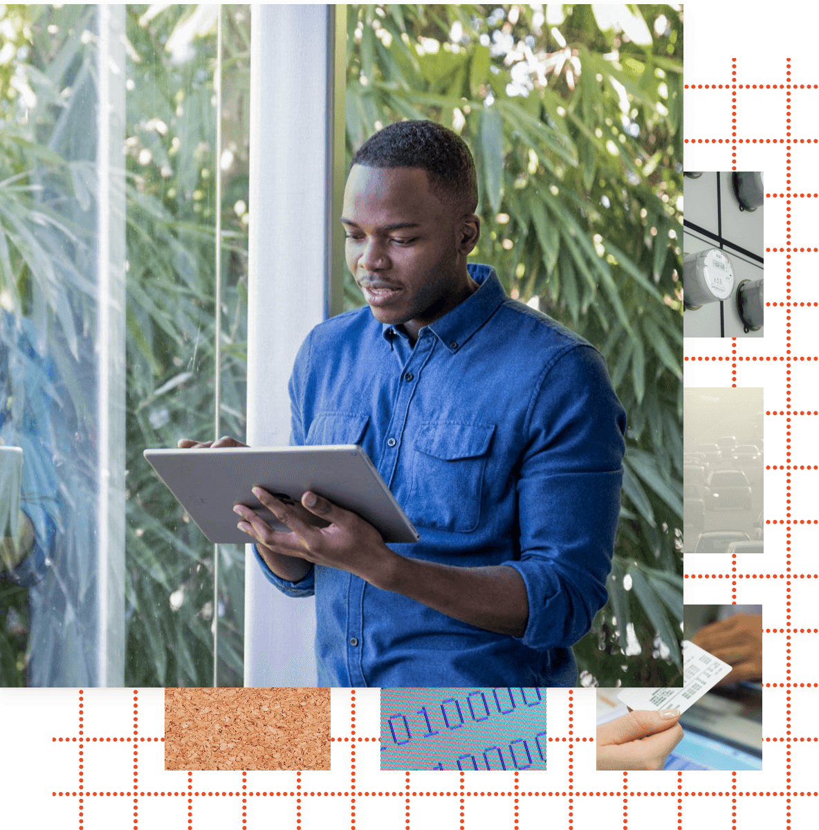 Image d'un homme regardant une tablette. Il y a une image de fond graphique derrière lui.