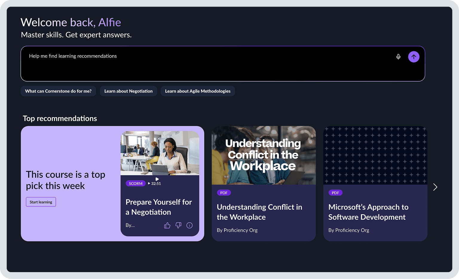 A dark-themed online learning dashboard welcoming 'Alfie', displaying a search bar and top course recommendations like 'Prepare Yourself for a Negotiation'.