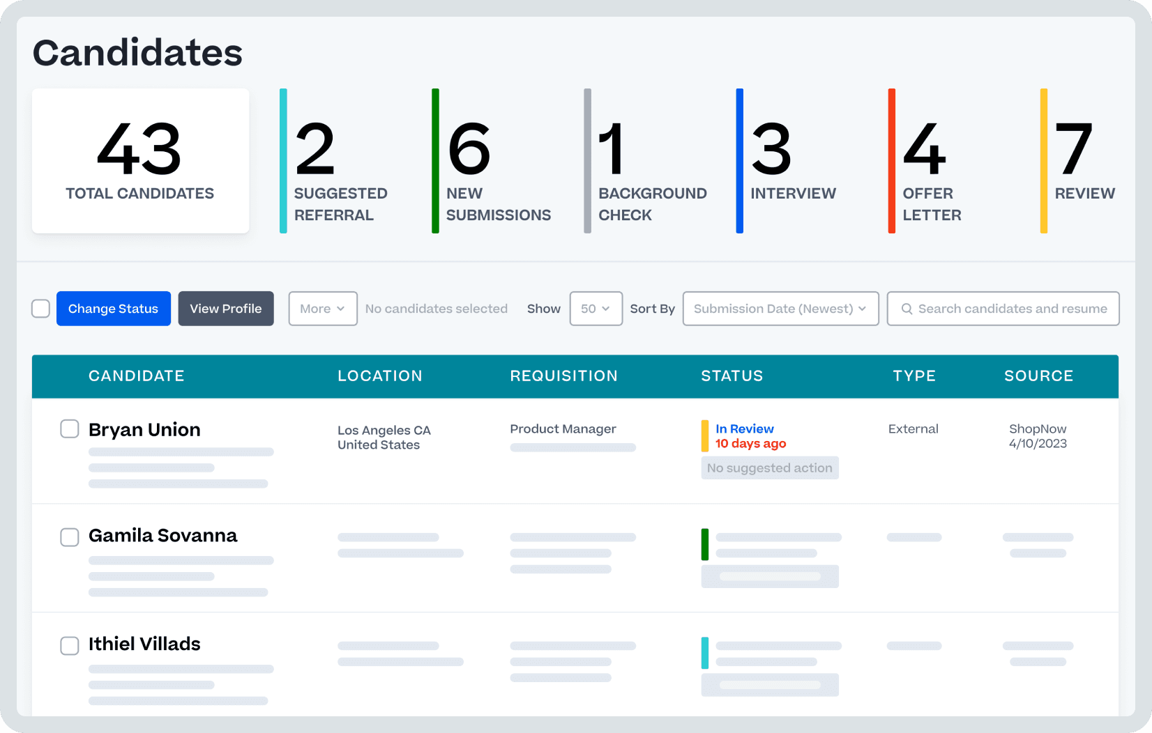 Product screen shot of Cornerstone HCM, showing a candidate at the beginning of their employee lifecycle. See a dashboard including information about how many candidates are in consideration for a role at the beginning of their employee lifecycle.