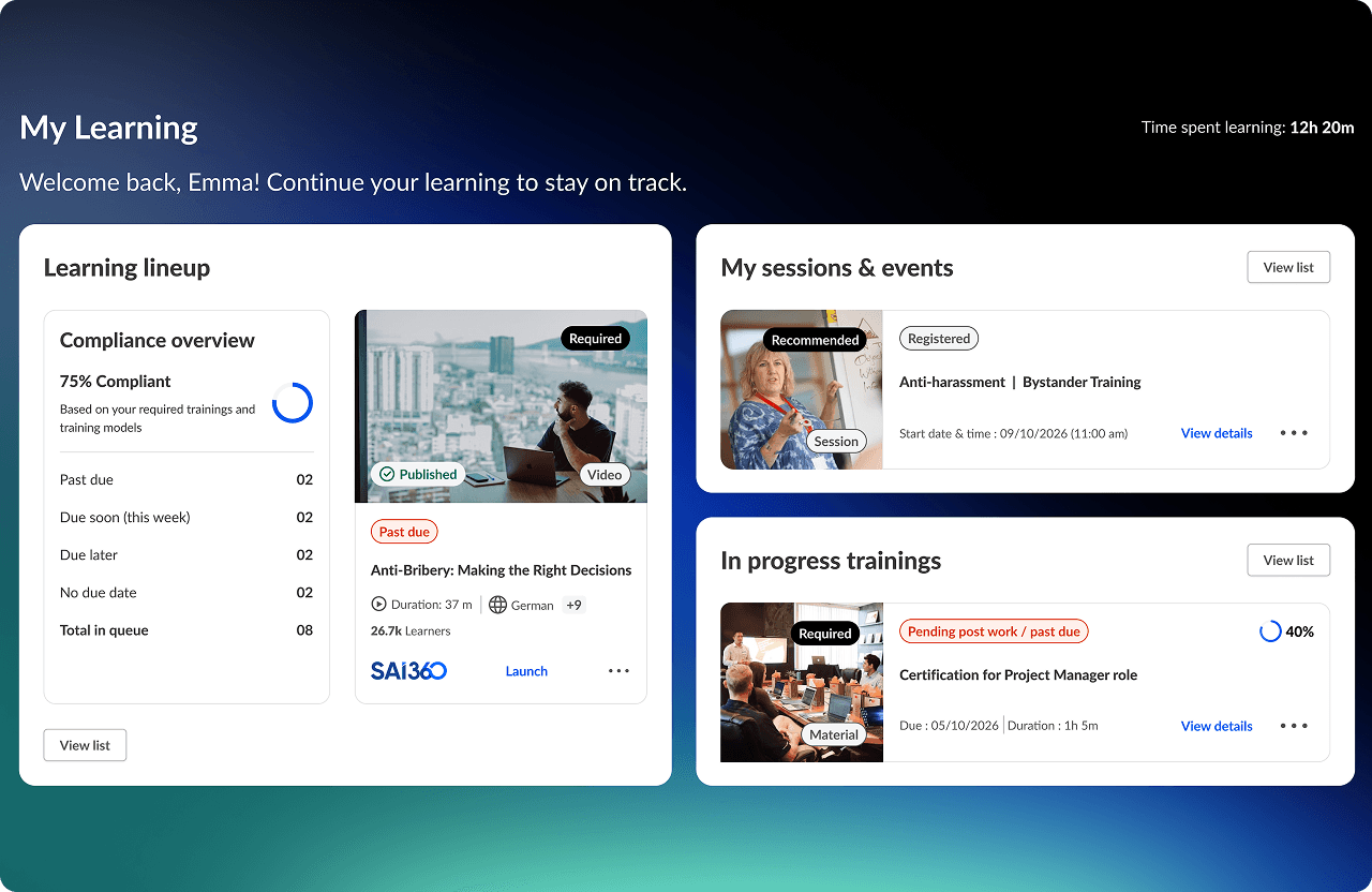 A "My Learning" dashboard for Emma, displaying 75% compliance, a past due anti-bribery training, a registered anti-harassment training, and 40% completion for a Project Manager certification.