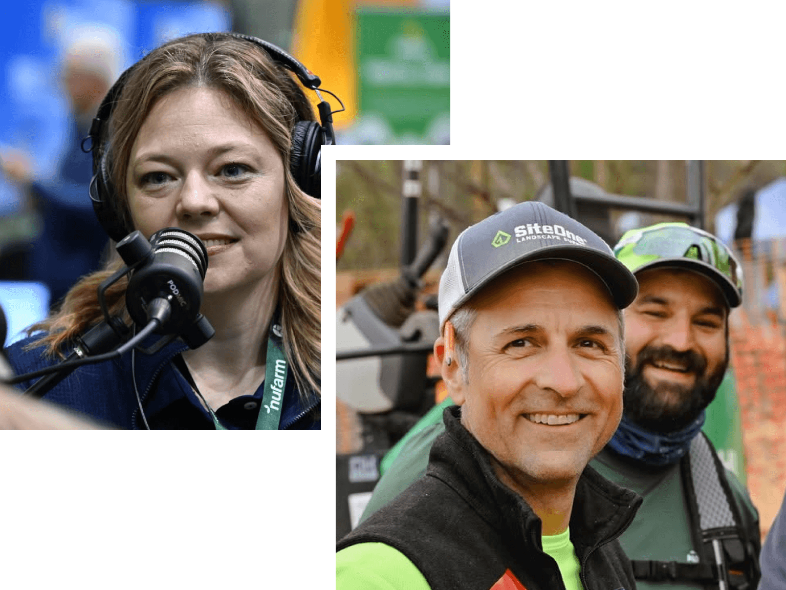 A smiling woman with headphones and a microphone, next to two smiling men outdoors, one wearing a SiteOne hat.