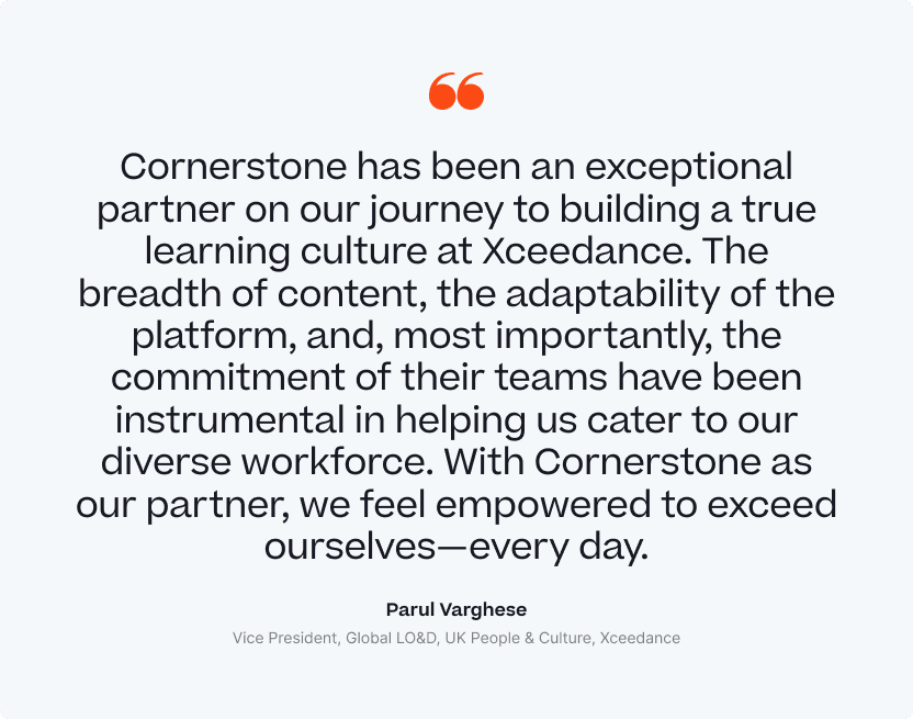Quote from Parul Varghese, VP of Global L&D, UK People &Culture, Xceedance