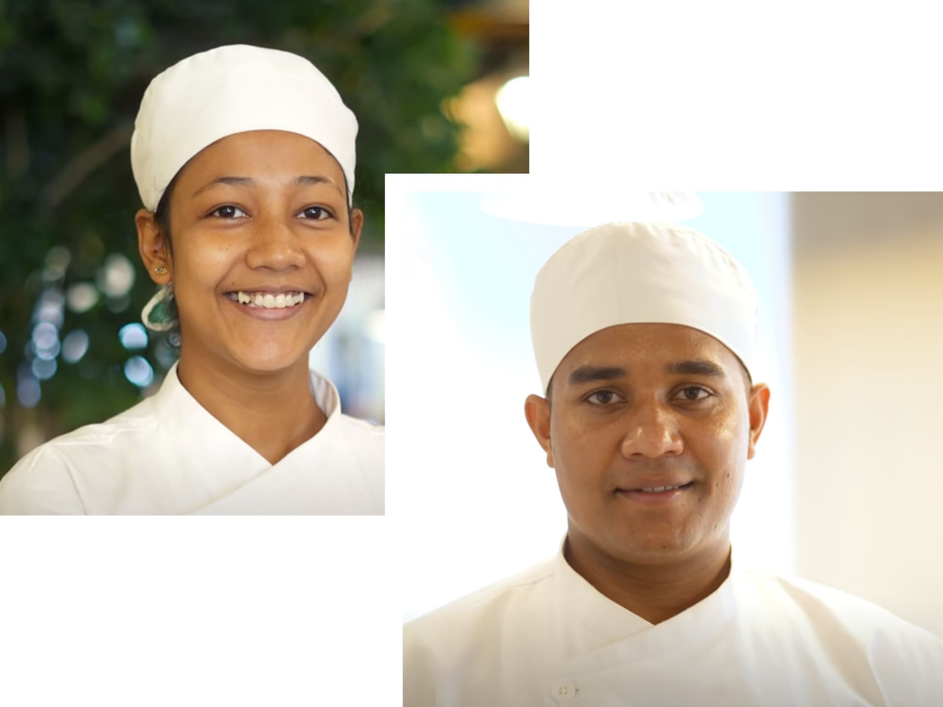 Two chefs in white uniforms, a smiling woman and a man.