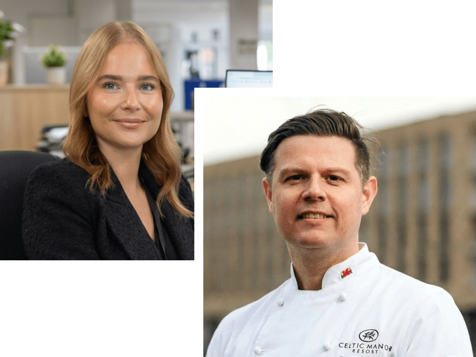 Two headshots: A blonde woman in an office and a man wearing a Celtic Manor Resort chef's uniform.