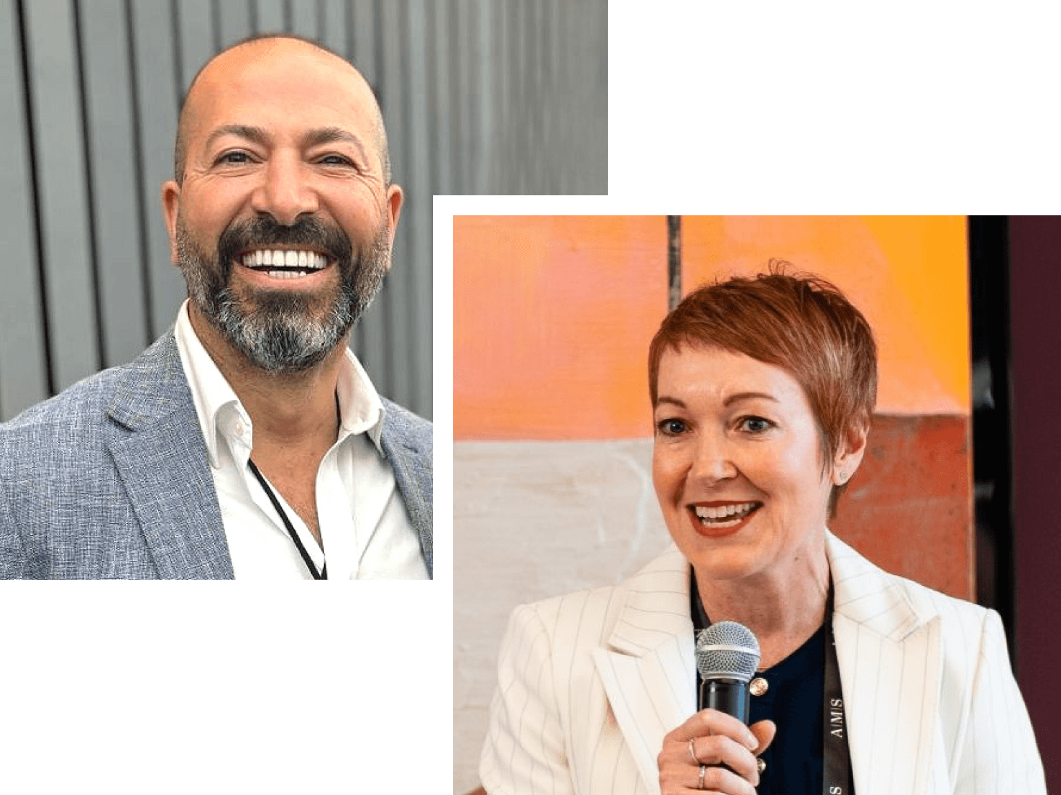 Headshot of a smiling man with a beard and a smiling woman holding a microphone.