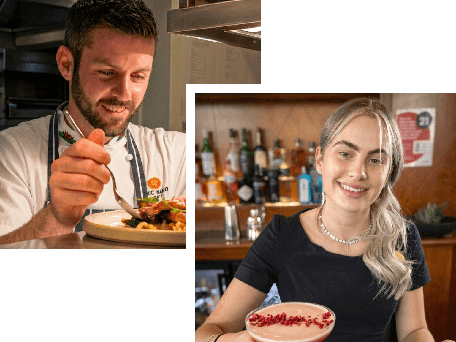 A smiling chef plating food and a smiling bartender holding a cocktail.
