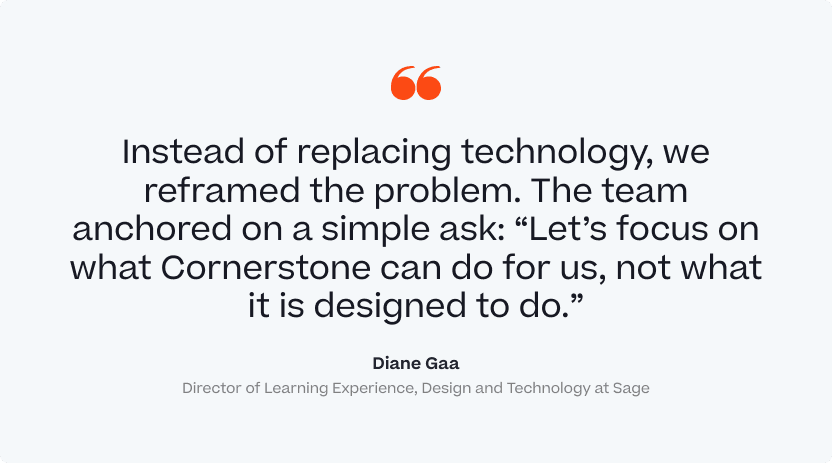 "Instead of replacing technology, we reframed the problem. The team anchored on a simple ask: "Let's docus on what Cornerstone can do for us, not what it is designed to do." Diane Gaa, Director of Learning Experience, Design and Technology at Sage