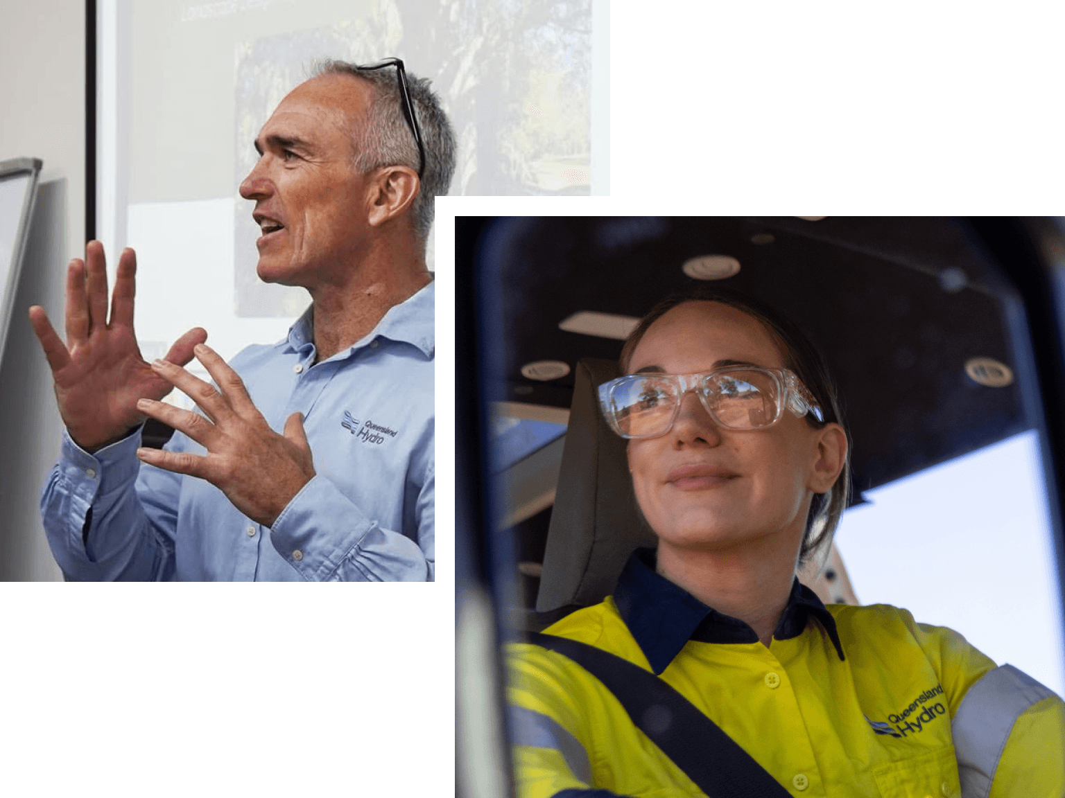 Split image of a man presenting and a woman in a high-visibility shirt and safety glasses, both wearing Queensland Hydro logos.